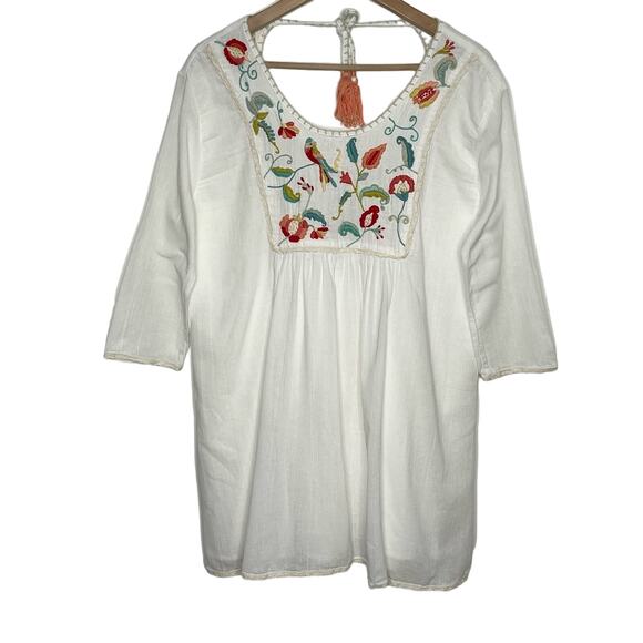 La Troupe Women's Embroidered Swim Cover Up White Floral Bird Print Tasseled - Picture 1 of 10